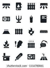 Set of vector isolated black icon - fire vector, hose, fireplace, thermometer, heater, air conditioner, candle, water, smoke detector, radiator, warm floor