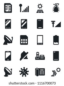 Set of vector isolated black icon - satellite antenna vector, mobile phone, virus, cell, low battery, back, sim, mute, cellular signal, office, sun panel