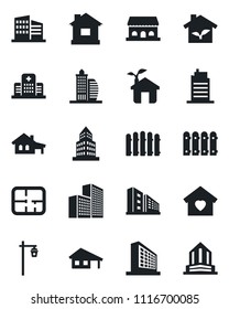 Set of vector isolated black icon - office building vector, fence, house, garden light, hospital, with garage, plan, sweet home, city, cafe, eco
