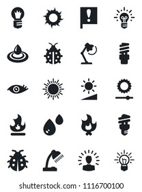 Set of vector isolated black icon - sun vector, bulb, lady bug, fire, eye, important flag, brightness, desk lamp, water, energy saving, shining head, idea