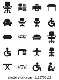 Set of vector isolated black icon - cafe vector, waiting area, disabled, office chair, desk, picnic table, cushioned furniture, restaurant, man with notebook