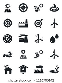 Set of vector isolated black icon - factory vector, bird house, target, sun panel, windmill, eco, water, palm sproute