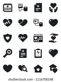 Set of vector isolated black icon - heart vector, pulse, diagnosis, blood pressure, diagnostic, shield, hand, medical calendar, clipboard, sweet home