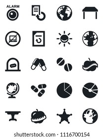 Set of vector isolated black icon - no laptop vector, ticket office, globe, document reload, pills, diet, earth, pie graph, table, police, alarm led