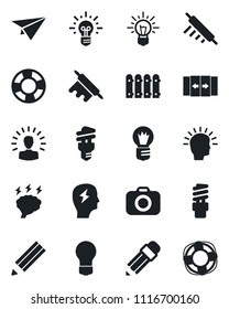 Set of vector isolated black icon - automatic door vector, brainstorm, bulb, camera, pencil, fence, rolling pin, energy saving, shining head, idea, paper plane, crisis management
