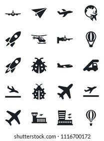 Set of vector isolated black icon - plane vector, departure, arrival, ladder car, boarding, helicopter, globe, airport building, lady bug, rocket, paper, air balloon