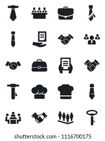 Set of vector isolated black icon - handshake vector, team, tie, document, meeting, cook hat, case