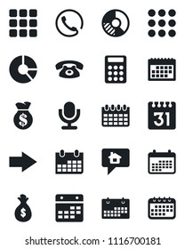 Set of vector isolated black icon - right arrow vector, calendar, circle chart, microphone, menu, calculator, phone, home message, money bag