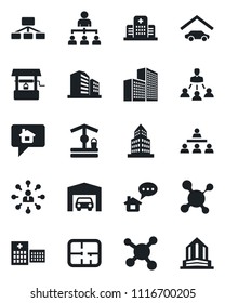 Set of vector isolated black icon - hierarchy vector, well, molecule, hospital, office building, garage, plan, home message