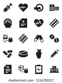 Set of vector isolated black icon - heart pulse vector, diagnosis, syringe, blood pressure, pills, blister, tomography, real, clipboard, hospital