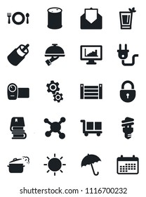 Set of vector isolated black icon - umbrella vector, lock, sun, molecule, container, cargo, oil barrel, video camera, mail, rca, monitor statistics, book, cafe, phyto bar, waiter, steaming pan, gear
