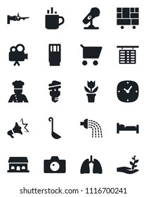 Set of vector isolated black icon - hot cup vector, bed, camera, boarding, flight table, flower in pot, watering, lungs, consolidated cargo, microphone, video, clock, cook, drink, cafe building