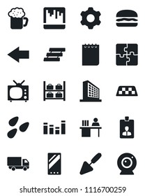 Set of vector isolated black icon - taxi vector, left arrow, luggage storage, office building, identity card, notepad, trowel, seeds, car delivery, equalizer, mobile, settings, scanner, application