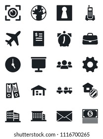 Set of vector isolated black icon - plane vector, female, baggage larry, mail, case, office binder, earth, phone, settings, clock, alarm, presentation board, warehouse, building, estate insurance