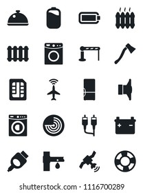 Set of vector isolated black icon - plane radar vector, barrier, axe, drip irrigation, satellite, speaker, rca, hdmi, sim, battery, washer, heater, fridge, dish, radiator, crisis management