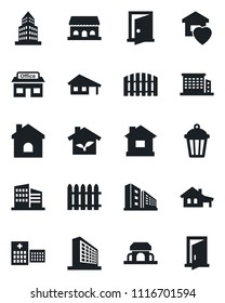 Set of vector isolated black icon - office building vector, fence, house, garden light, hospital, store, with garage, sweet home, cafe, eco, door