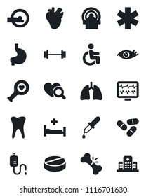 Set of vector isolated black icon - monitor pulse vector, dropper, heart diagnostic, pills, tomography, ambulance star, barbell, hospital bed, disabled, stomach, lungs, real, tooth, eye, broken bone