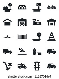 Set of vector isolated black icon - taxi vector, arrival, baggage larry, border cone, plane, luggage scales, airport building, ambulance car, traffic light, cargo container, delivery, sea port