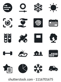 Set of vector isolated black icon - tree vector, sun, barbell, heart hand, satellite, term, favorites list, network, brightness, eye id, fingerprint, copybook, pie graph, book, house with, pond, car
