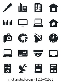 Set of vector isolated black icon - credit card vector, pen, notebook pc, clock, barcode, satellite antenna, camera, monitor, laptop, radio phone, mobile, sd, sim, smart home, remote control