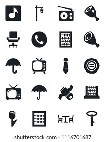 Set of vector isolated black icon - cafe vector, phone, abacus, tie, stamp, garden light, satellite, umbrella, tulip, radio, tv, music, office chair, ham