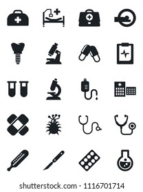 Set of vector isolated black icon - doctor case vector, stethoscope, blood test vial, dropper, thermometer, microscope, pills, blister, scalpel, patch, tomography, hospital bed, implant, virus