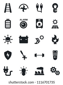 Set of vector isolated black icon - bulb vector, factory, ripper, ladder, fire, barbell, remote control, speaker, battery, rca, protect, power plug, sun panel, alarm led, gear