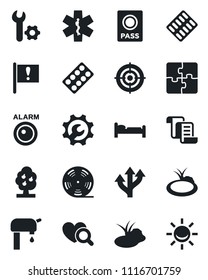Set of vector isolated black icon - passport vector, bed, contract, pond, heart diagnostic, pills blister, ambulance star, route, important flag, reel, application, root setup, target, water supply