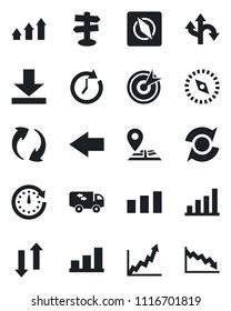 Set of vector isolated black icon - left arrow vector, route, signpost, navigation, sorting, update, data exchange, download, compass, bar graph, moving, target, up, clock, growth, crisis