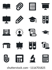 Set of vector isolated black icon - contract vector, book, graduate, abacus, desk, presentation board, pencil, microscope, calculator, paper clip, shining head
