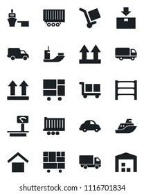 Set of vector isolated black icon - sea shipping vector, truck trailer, car delivery, port, consolidated cargo, warehouse storage, up side sign, package, heavy scales, rack
