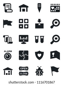 Set of vector isolated black icon - contract vector, statistic monitor, lady bug, plant label, blood test vial, heart shield, medical calendar, warehouse, package, search cargo, application, flag