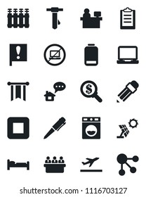 Set of vector isolated black icon - departure vector, no laptop, bed, pen, tie, meeting, manager place, important flag, pc, low battery, stop button, clipboard, pencil, washer, radiator, sun panel