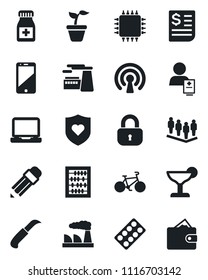 Set of vector isolated black icon - team vector, abacus, factory, seedling, garden knife, pills bottle, blister, bike, heart shield, patient, receipt, cell phone, laptop pc, pencil, lock, cocktail