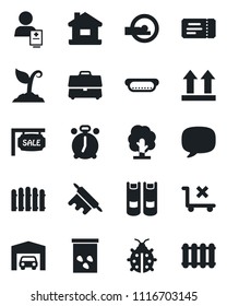 Set of vector isolated black icon - alarm clock vector, ticket, book, fence, tree, sproute, lady bug, seeds, tomography, patient, up side sign, no trolley, message, case, house, garage, sale