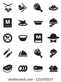 Set of vector isolated black icon - spoon and fork vector, dish, serviette, menu, plates, waiter, dress code, chicken, steak, kebab, ham, bowl, sushi