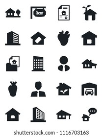 Set of vector isolated black icon - office building vector, real heart, house, with garage, tree, estate document, rent, agent, smart home, city, eco, message