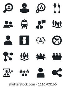 Set of vector isolated black icon - spoon and fork vector, train, male, speaking man, team, meeting, patient, group, user, hr, company, client search, consumer, social media