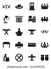 Set of vector isolated black icon - cafe vector, baby room, reception, flight table, medical, desk, meeting, picnic, lamp, restaurant, serviette, reserved, salt and pepper