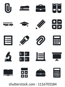 Set of vector isolated black icon - airport bus vector, checkroom, book, calculator, graduate, presentation board, microscope, case, paper clip, abacus, pencil, stapler