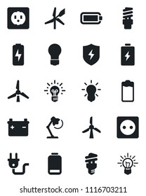 Set of vector isolated black icon - bulb vector, battery, low, protect, charge, desk lamp, windmill, socket, power plug, energy saving, idea