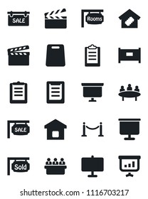 Set of vector isolated black icon - fence vector, presentation board, meeting, clipboard, clapboard, sale, rooms, sold signboard, smart home, cutting