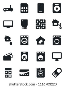 Set of vector isolated black icon - washer vector, calculator, monitor, speaker, phone back, sim, smart home, credit card, control, chip, router, usb flash