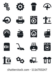 Set of vector isolated black icon - coffee machine vector, washer, fork loader, gear, ripper, lawn mower, tomography, printer, copier, crane, water filter