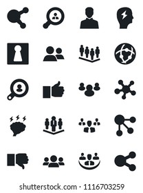 Set of vector isolated black icon - female vector, team, brainstorm, share, group, finger up, down, user, network, company, client search, social media