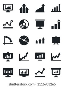 Set of vector isolated black icon - growth statistic vector, presentation board, crisis graph, monitor, circle chart, statistics, bar, pie, point, arrow up