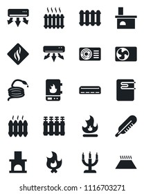 Set of vector isolated black icon - fire vector, hose, fireplace, thermometer, heater, air conditioner, candle, water, smoke detector, radiator, warm floor