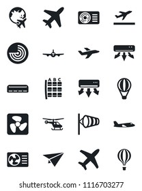 Set of vector isolated black icon - plane vector, departure, wind, radar, helicopter, seat map, globe, air conditioner, fan, paper, balloon