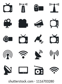 Set of vector isolated black icon - antenna vector, satellite, radio, loudspeaker, tv, video camera, wireless