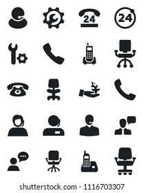 Set of vector isolated black icon - 24 around vector, office chair, phone, hours, support, speaker, radio, call, root setup, palm sproute